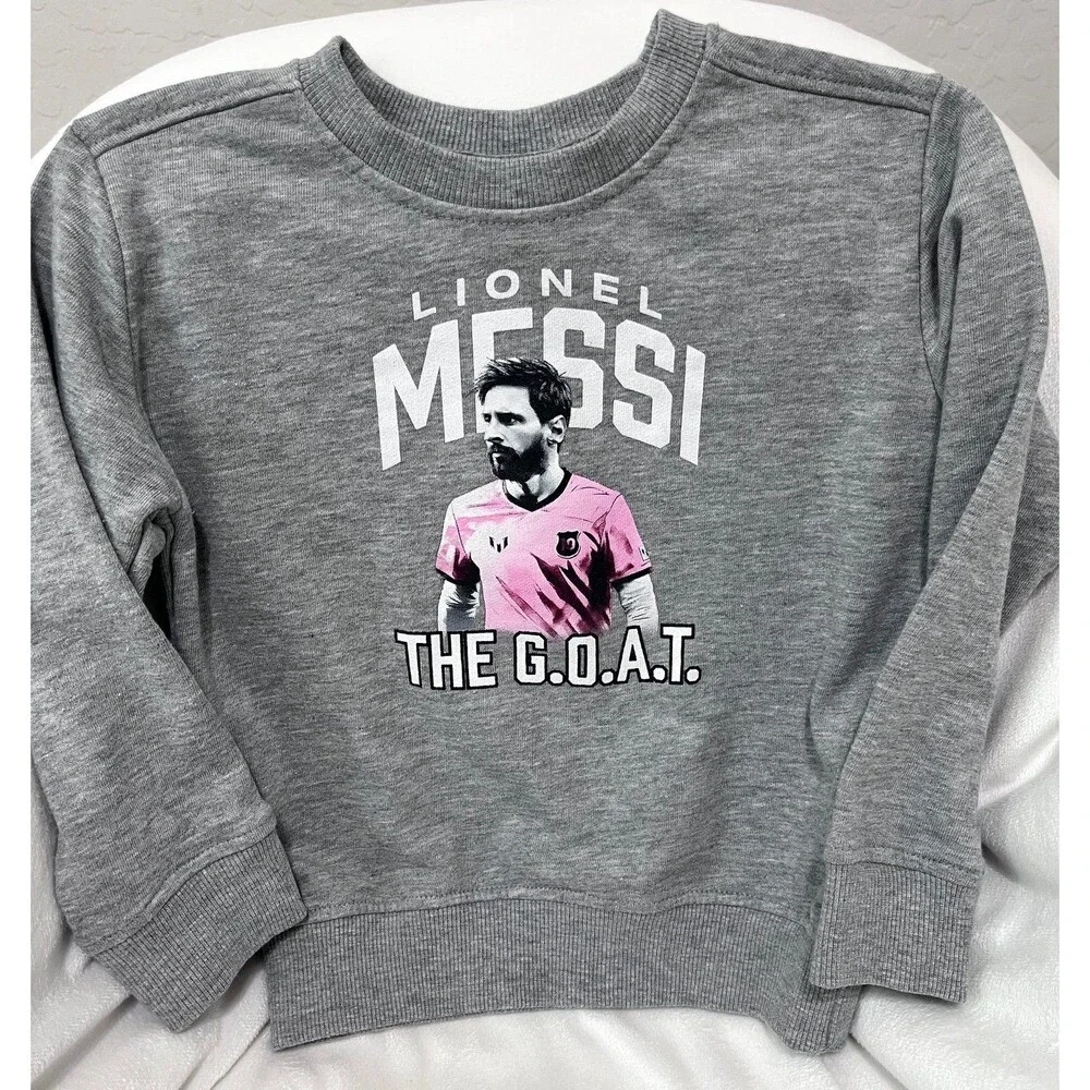 Lionel Messi Inter Miami Crewneck Sweatshirt The GOAT Soccer Graphic Gray New 4T - Picture 1 of 3